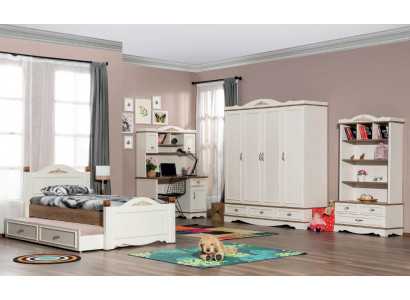 Ensemble de chambre moderne pour jeunes comprenant un lit, une table de chevet, une étagère à livres et une table, 5 pièces.