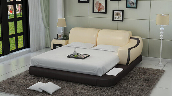 Design Bed XXL Lits géants Hôtel Rembourrage 200x200 Étagère multifonction USB en cuir