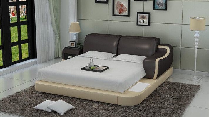 Design Bed XXL Lits géants Hôtel Rembourrage 200x200 Étagère multifonction USB en cuir