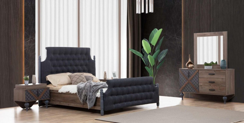 Lit Table de chevet Commode avec miroir Chambre à coucher 4 pièces Ensemble Chesterfield