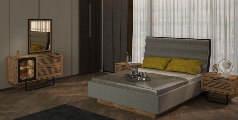 Stylische Schlafzimmermöbelkollektion mit Betten, Nachttischen und Kommoden