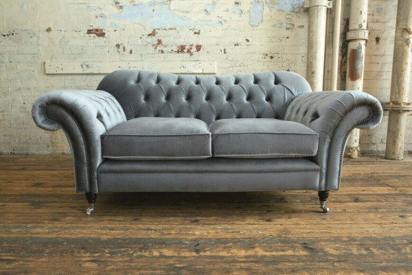 Chesterfield Original Canapé Textile Canapés Tissu Gris 200cm Canapé
