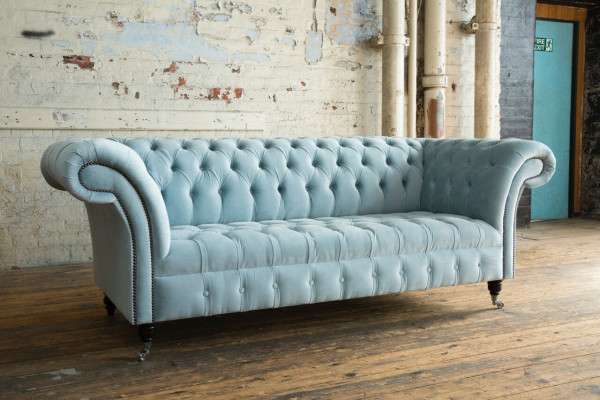 Canapé Chesterfield 3 places en cuir tissu moderne bleu