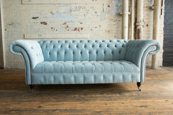 Canapé Chesterfield 3 places en cuir tissu moderne bleu