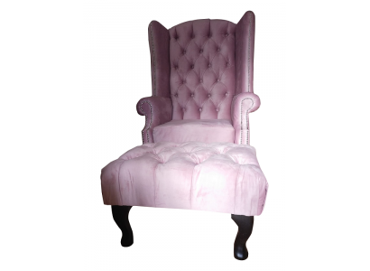 Fauteuil aile Chesterfield Tabouret Velours Siège Rose Salon Détente Club Lounge