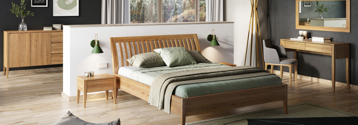 Ensemble de chambre à coucher en vrai bois 6 pièces. Set 2x Table de chevet Coiffeuse Commode Miroir