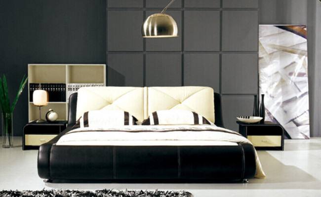 Revêtement de lit en cuir de design de luxe, lits en bois de chambre double d'hôtel.
