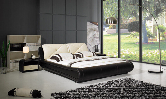 Revêtement de lit en cuir de design de luxe, lits en bois de chambre double d'hôtel.