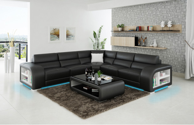Canapé d'angle en cuir pour salon, paysage décoratif moderne, design de suite de canapé d’angle.