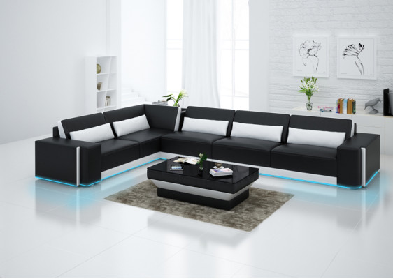 Canapé d'angle en cuir pour salon, paysage décoratif moderne, design de suite de canapé d’angle.