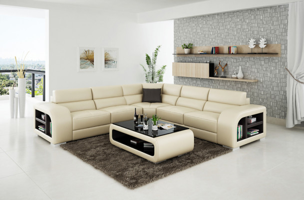 Canapé d'angle en cuir pour salon, paysage décoratif moderne, design de suite de canapé d’angle.