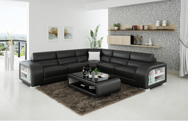 Canapé d'angle en cuir pour salon, paysage décoratif moderne, design de suite de canapé d’angle.