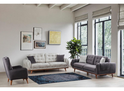 Ensemble de sièges 3 + 3 + 1 dans un style moderne, textile de densité moyenne doux, gris nouveau