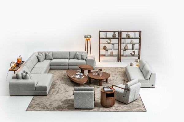 Slim, canapé souple moderne de 2 places avec table en bois intégrée et siège large