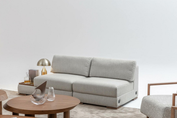 Slim, canapé souple moderne de 2 places avec table en bois intégrée et siège large
