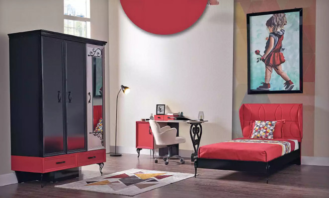 Chambre d'enfants Rouge Noir Classique Chambre complète Armoire Lit