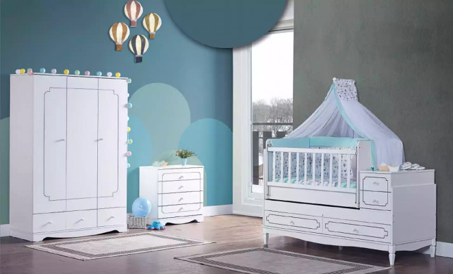 Chambre d'enfant Chambre d'enfants Lit Blanc Chambre de bébé Armoire à bébé Commode 3pcs.