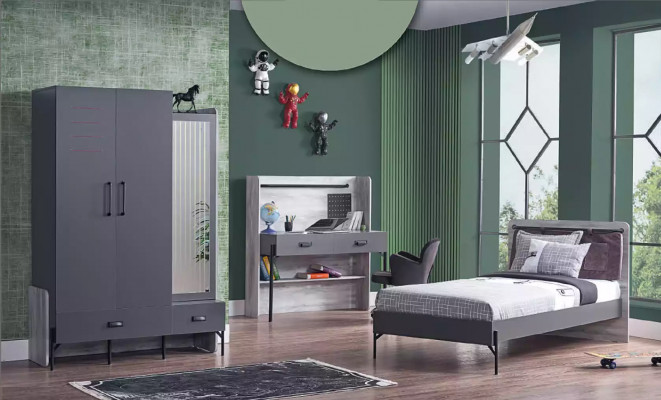Ensemble de chambre de jeunes gris Chambre d'enfants Chambre Table Armoire Lit 3 pièces.