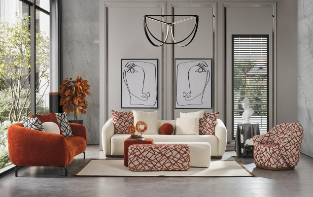 Ensemble de canapé Canapé Fauteuil 431 Siège Tissu Canapés de luxe Orange Salon