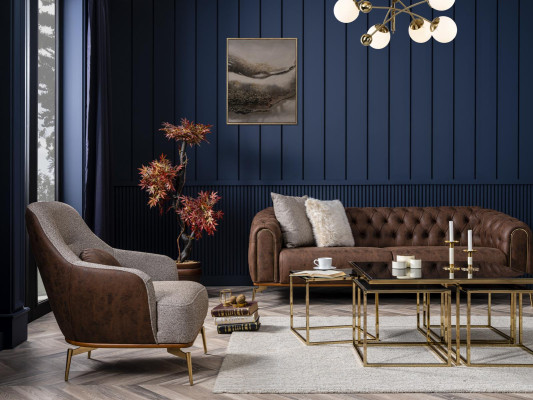 Chesterfield canapé 4 places en polyester marron simili cuir