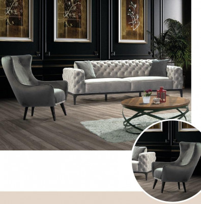Chesterfield Ensemble de canapés Canapé 3+1 places Tissu Gris Canapés de luxe Blanc