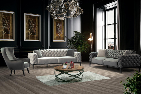 Chesterfield Ensemble de canapés Canapé 3+1 places Tissu Gris Canapés de luxe Blanc