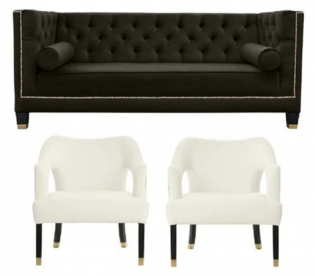 Chesterfield + 2 Fauteuil Noir Blanc XXL Grand mobilier en tissu créatif