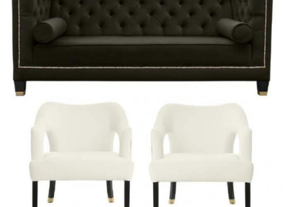 Chesterfield + 2 Fauteuil Noir Blanc XXL Grand mobilier en tissu créatif