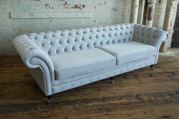 Canapé Chesterfield 4 places en tissu moderne en velours gris