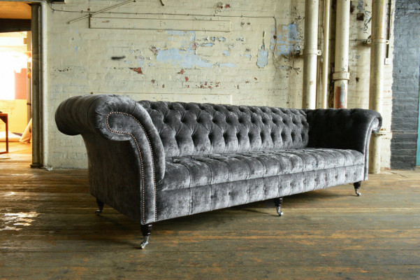 Designer canapé Chesterfield de luxe gris 4 places en tissu