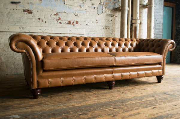 Canapé Chesterfield marron de luxe 4 places en tissu d'ameublement