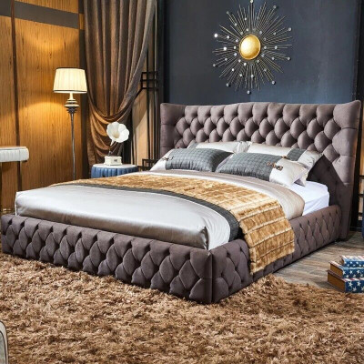 Lit Chesterfield brun Chambre à coucher Lits Textiles Velours Grands Lits d'hôtel