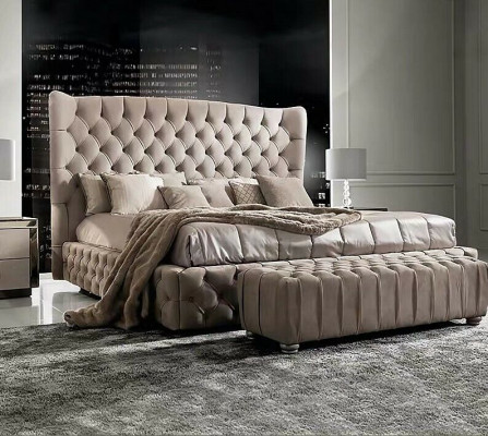 Véritable lit Chesterfield Double Lits d'hôtel Tissu Rembourrage 160x200cm Tissu neuf