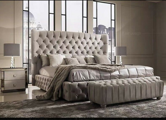 Véritable lit Chesterfield Double Lits d'hôtel Tissu Rembourrage 160x200cm Tissu neuf