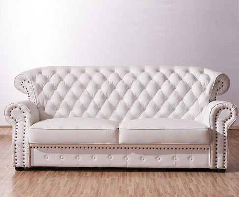 Canapé Chesterfield trois places blanc à dossier haut en cuir véritable fait à la main