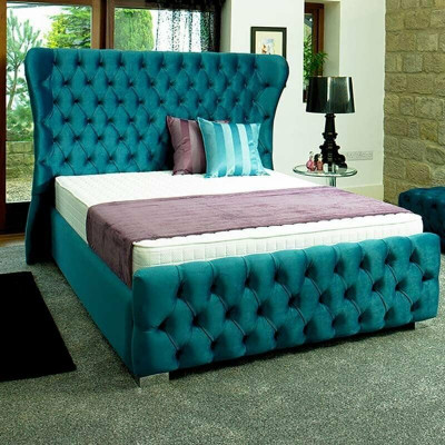 Chesterfield Vert Turquoise Lit de Designer Chambre Textile en Cuir Rembourré 180x200 cm