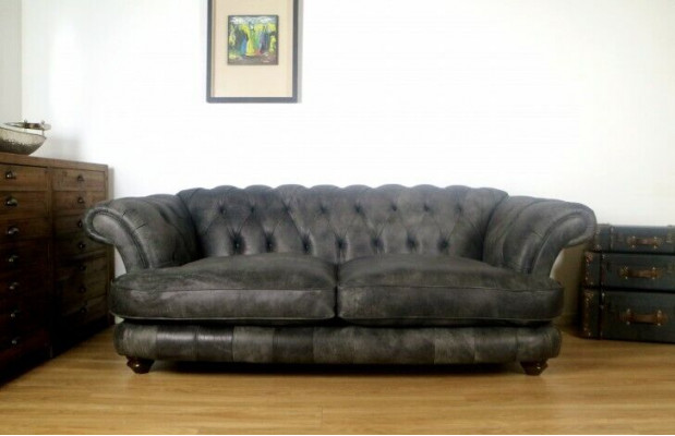 Canapé Chesterfield Big Xxl % Cuir Noir 3 Places Style Vintage