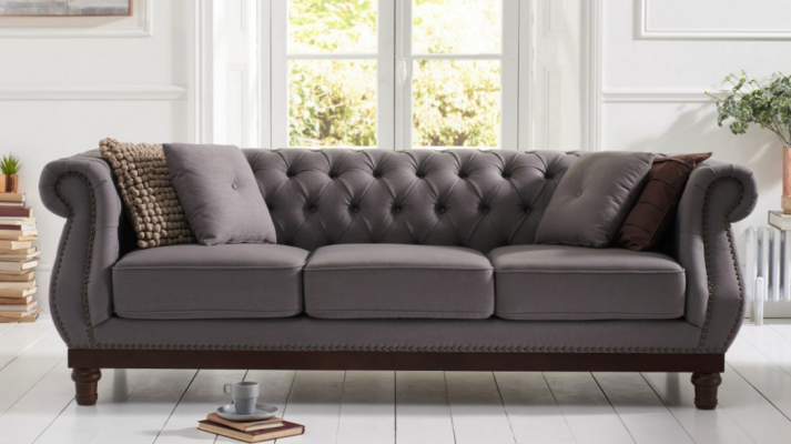 Canapé Chesterfield gris en tissu pour canapé, canapé en tissu designer 3 places