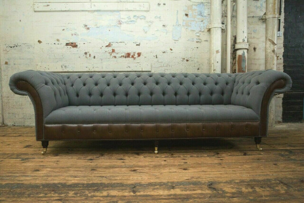 Canapé Chesterfield 4 places en cuir gris pour salon nouveau