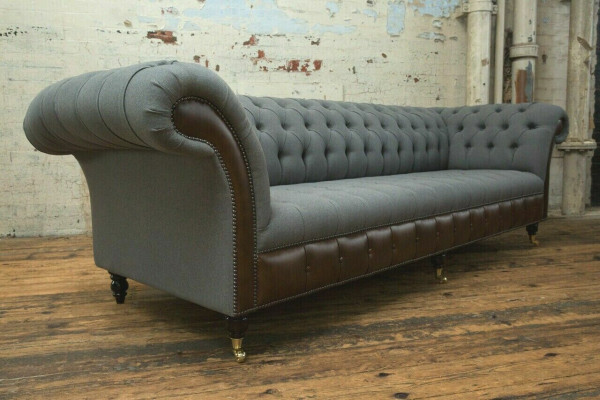 Canapé Chesterfield 4 places en cuir gris pour salon nouveau