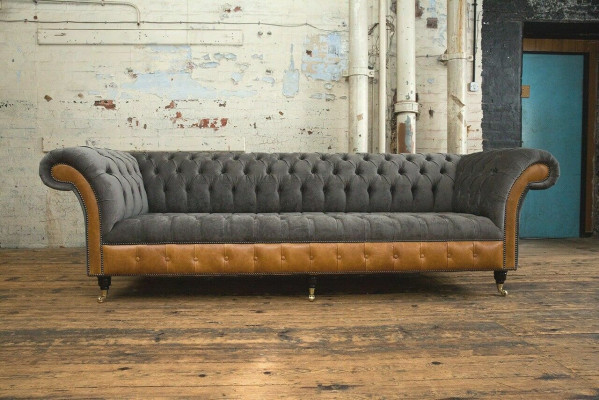 Canapé Chesterfield designer en tissu gris-brun 4 places de luxe