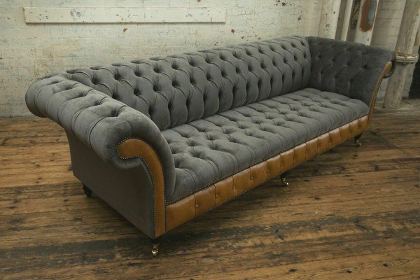 Canapé Chesterfield designer en tissu gris-brun 4 places de luxe