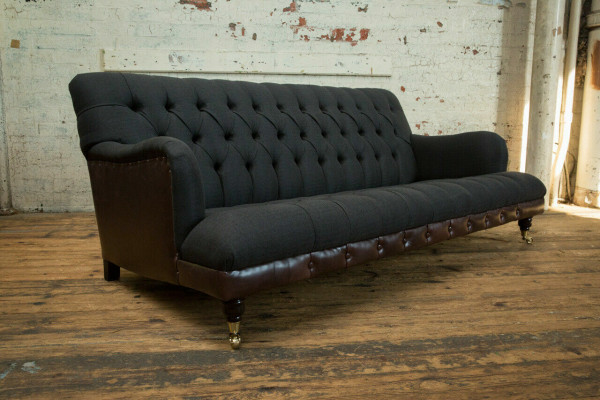 Canapé classique Chesterfield 3 places velours en cuir bleu design revêtement