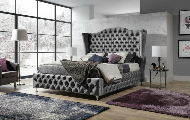 Lit double Chesterfield noir rembourré de luxe pour la chambre à coucher design.