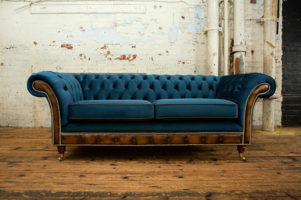Bleu e Chesterfield Canapé en tissu Canapé Canapés Canapé Sièges Canapés Tissu d'ameublement neuf