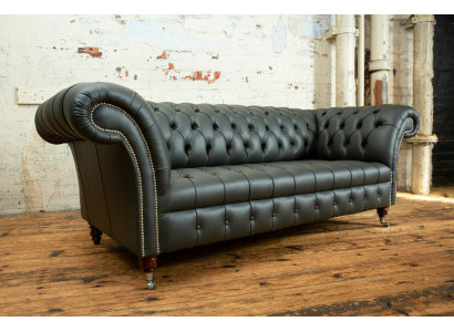 Canapé trois places en cuir Chesterfield gris, designeur à trois places