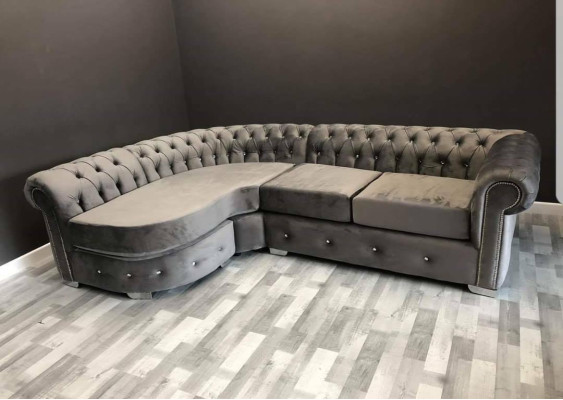 Canapé de salon gris Chesterfield Rembourrage Siège Suite Coin Groupe