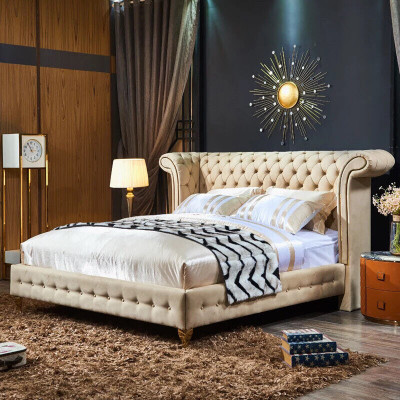 Chambre classique Lit Beige Tissu Revêtement en cuir Lit double 180x200cm