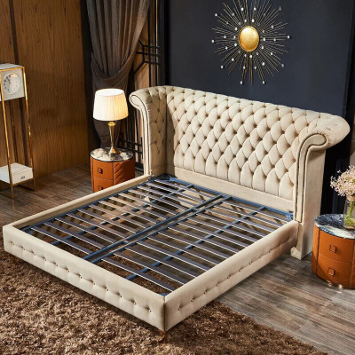 Chambre classique Lit Beige Tissu Revêtement en cuir Lit double 180x200cm