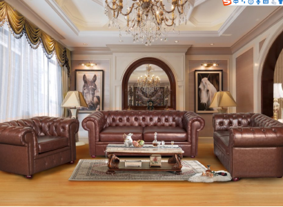 Canapé Chesterfield en cuir brun classique avec revêtement capitonné 3 places